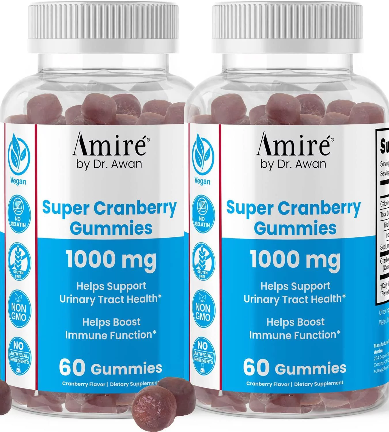 Amire by Dr. Awan Super Cranberry Gummies, Helps Support Urinary Tract Health, Helps Boosts Immune Function, Gelatin-Free Cranberry Chews for Men & Women, 120ct, 60-Day Supply