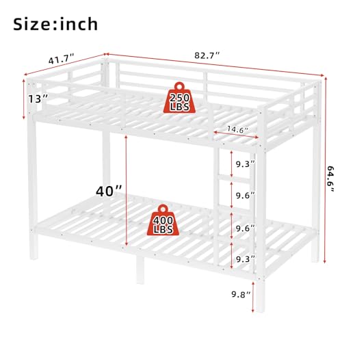 Twin XL Over Twin XL Bunk Bed, Metal Bunk Bed Frame Heavy Duty Bunk Beds Loft Bed Frame with Ladder and Guardrail Metal Slats No Box Spring Required for Adults Teens, Black