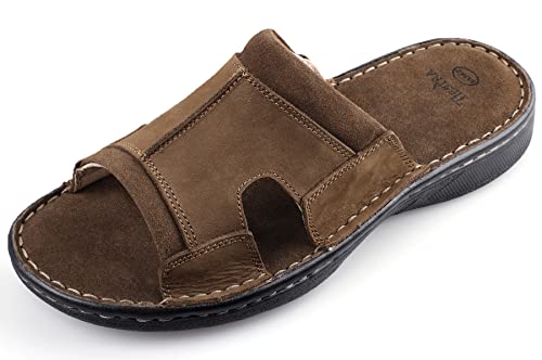 Men's Leather Slide Sandals With Memory Foam - Comfortable Lightweight Summer Casual Slip-On Sandals for Indoor & Outdoor, Beach, Pool, House Slippers