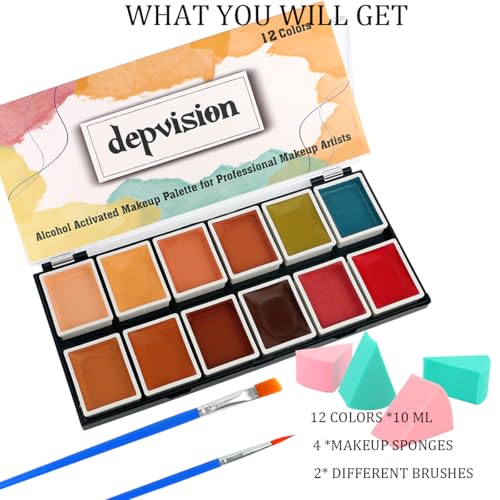 Depvision 12 Color Alcohol Activated Face Paint Flesh Skin Tone SFX Makeup Palette for Special Effects,Waterproof FX Make up for Pro Makeup Artists Cosplay Halloween Theatrical Tattoo Cover