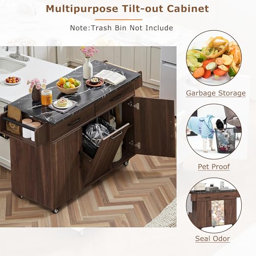 Kitchen Island Cart with Trash Can Storage, Multipurpose Drop Leaf Spice Rack Towel Rack Drawers Adjustable Shelves Mobile Rolling Kitchen Cabinet with Lockable Wheels