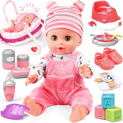 Baby Doll Set - 14 Inch Doll with Dolls Accessiores, Realistic Pretend Play Doll Playset, Includes Carrier Bassinet Bed, Feeding Set, Baby Doll Clothes, Toddler Toys for 1 2 3 4 5 Years Old