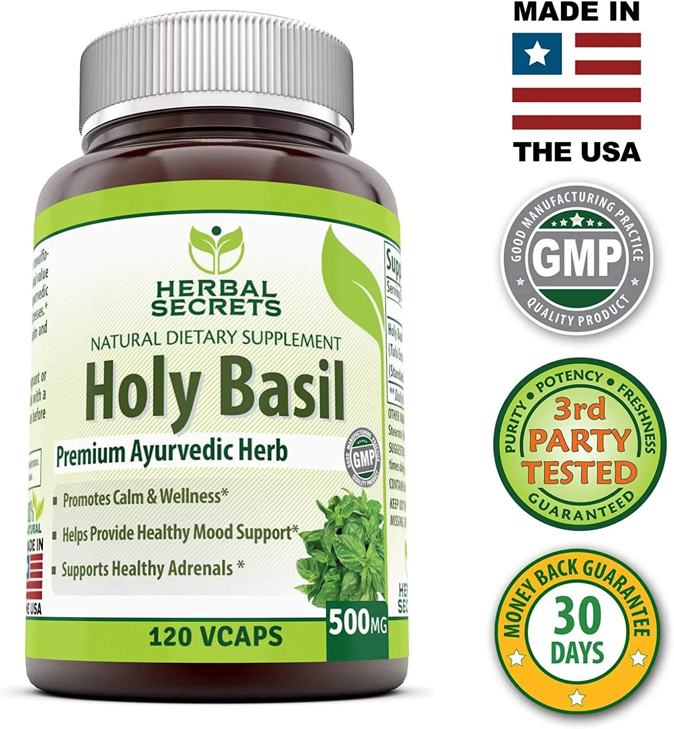 Herbal Secrets Holy Basil 1000 Mg Per Serving 120 Capsules (Non-GMO) - Pack of 2