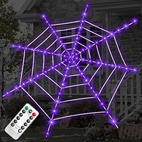 Spider Web Halloween Decorations Outdoor Lights, 125 Purple LED Light Up 16.4Ft Giant Spiderweb & 60