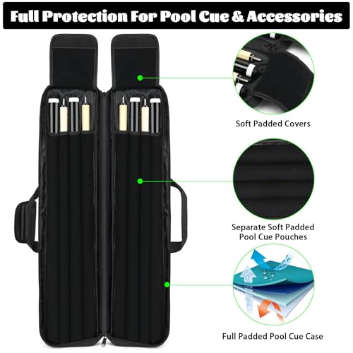 Pool Cue Case 4x4, Pool Stick Case Cue Bag with Hidden Backpack-Strap, Cue Stick Case Holds 4 Butts and 4 Shafts, Billiard Pool Cue Carrying Case with Large Front Accessory Pockets and 1 Cue Ball Case