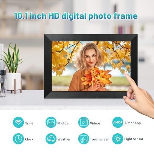 Digital Photo Frame 10.1 Inch WiFi Digital Picture Frame IPS HD Touch Screen Smart Cloud Photo Frame with 32GB Storage, Auto-Rotate, Easy Setup to Share Photos or Videos Remotely via AiMOR APP (Black)