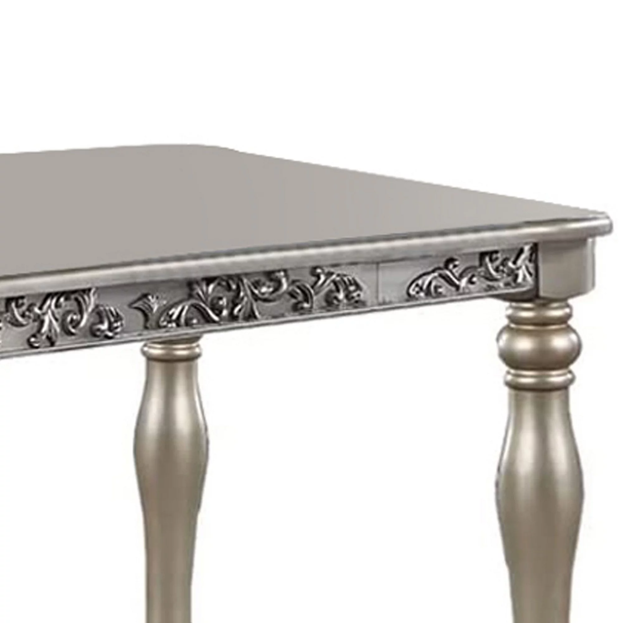 Benjara Kipp 72 Inch Rectangular Dining Table, Floral Carved Turned Legs, Champagne