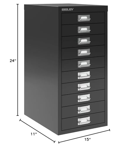 Bisley 10-Drawer Steel MultiDrawer Cabinet - Black, Chrome Pull Handles with Label Holders, Powder-Coated Steel, Removable Drawers, Fits Under Most Desks, Labels Included