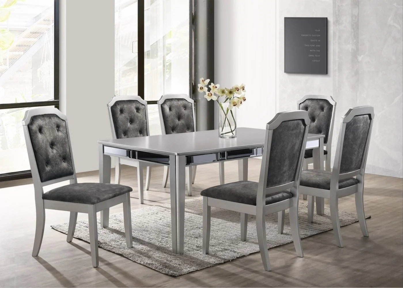 GTU Furniture Set for 6 Mirror Trim Rectangular Dining Table with Luxurious Button Chair in Grey/Silver
