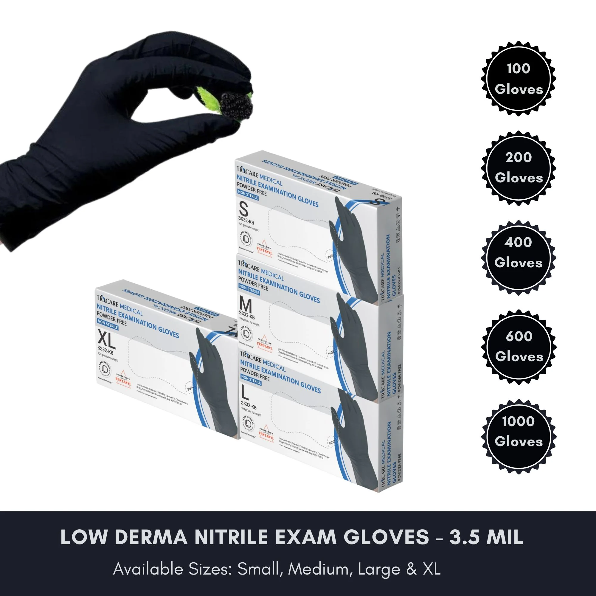 TRICARE Medical Nitrile Exam Gloves, Medium, Case of 1000, Berry Black, Powder & Latex Free, 3.5 Mil