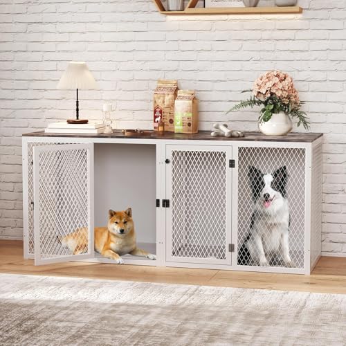 71 Inch Dog Crate Furniture for 2 Dogs, XXL Double Cage with Removable Divider & Large Doors, Heavy Duty Wooden Dog Kennel, Indoor Pet House (Black, 71.6L* 22.4W* 31.9