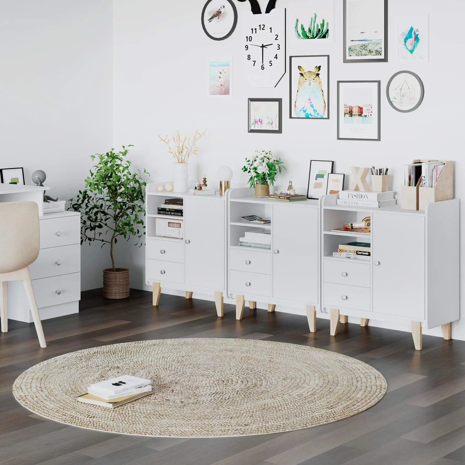 Homfa Accent Cabinet, 34.2'' H White Wooden Floor Storage Cabinet with Door and Drawers for Living Room