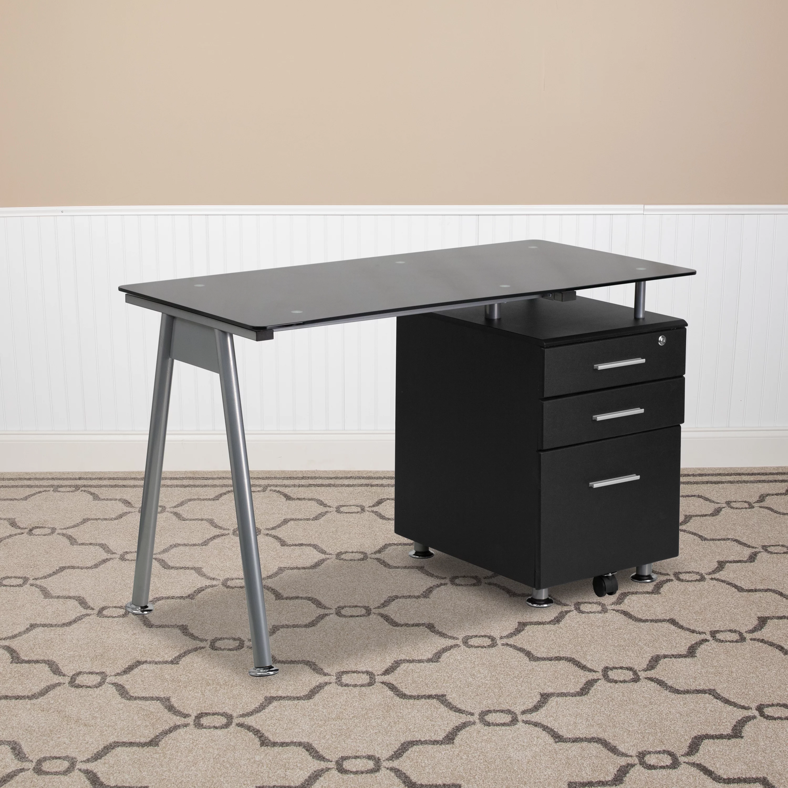 Emma + Oliver Black Glass Computer Desk with Three Drawer Pedestal