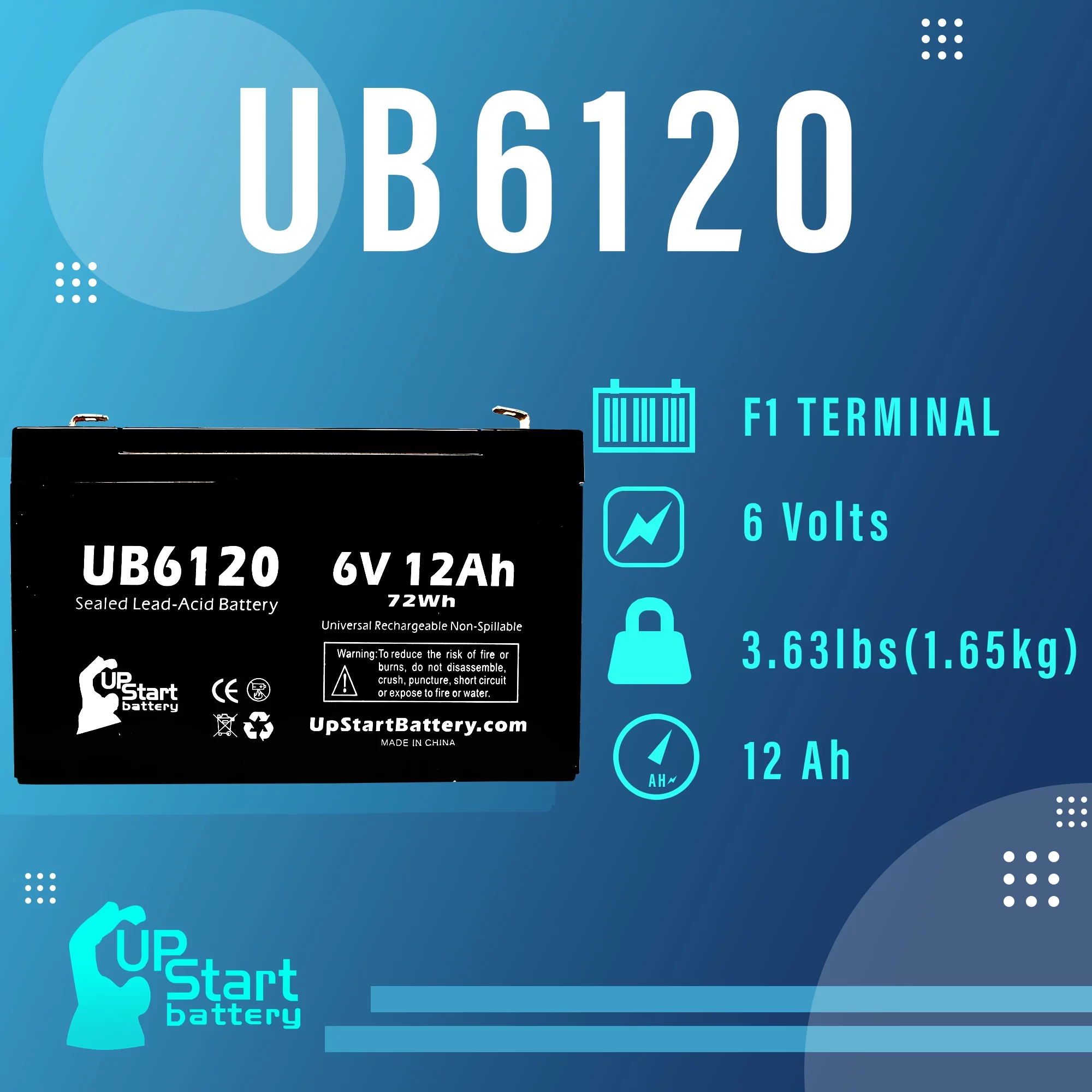 Compatible BAXTER HEALTHCARE 2M8015 PUMP Battery - Replacement UB6120 Universal Sealed Lead Acid Battery (6V, 12Ah, 12000mAh, F1 Terminal, AGM, SLA) - Includes TWO F1 to F2 Terminal Adapters