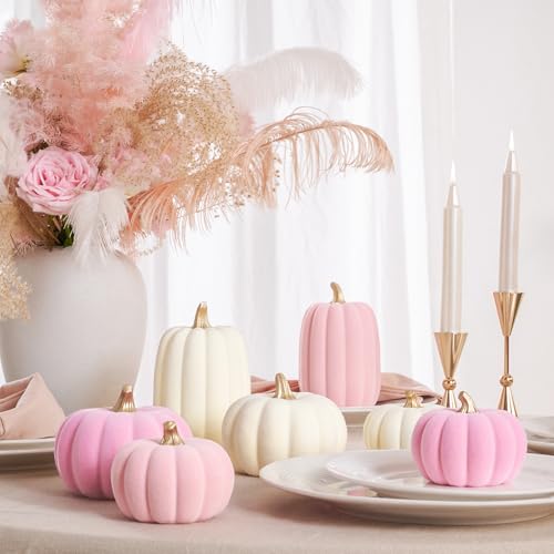 WDS WONDROUS Pumpkins Fall Decoration Thanksgiving Set 7 PCS, Resin Pink and Beige Flocked Pumpkins for Decorating, Artificial Pumpkins Set Gender Reveal Party Fall Decor Tabletop Centerpiece Mantel