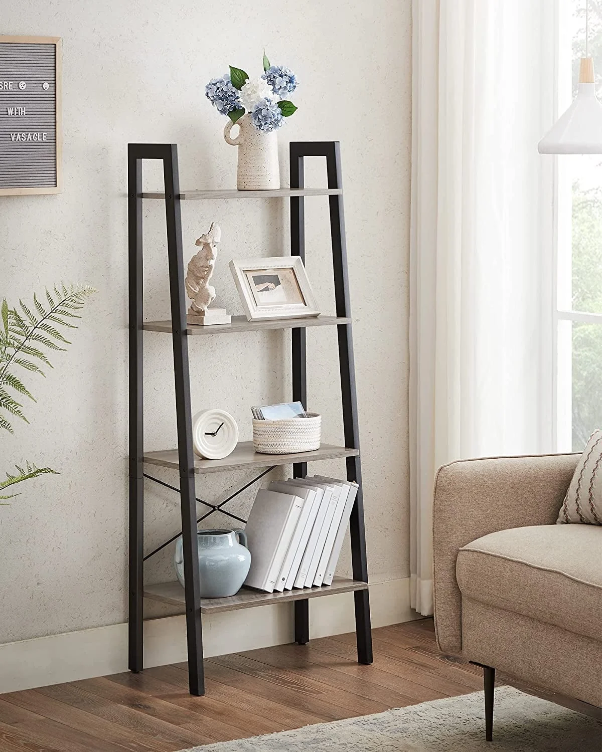 AK Modern 4-Tier Ladder Bookshelf Greige & Black Space-Saving 12.6