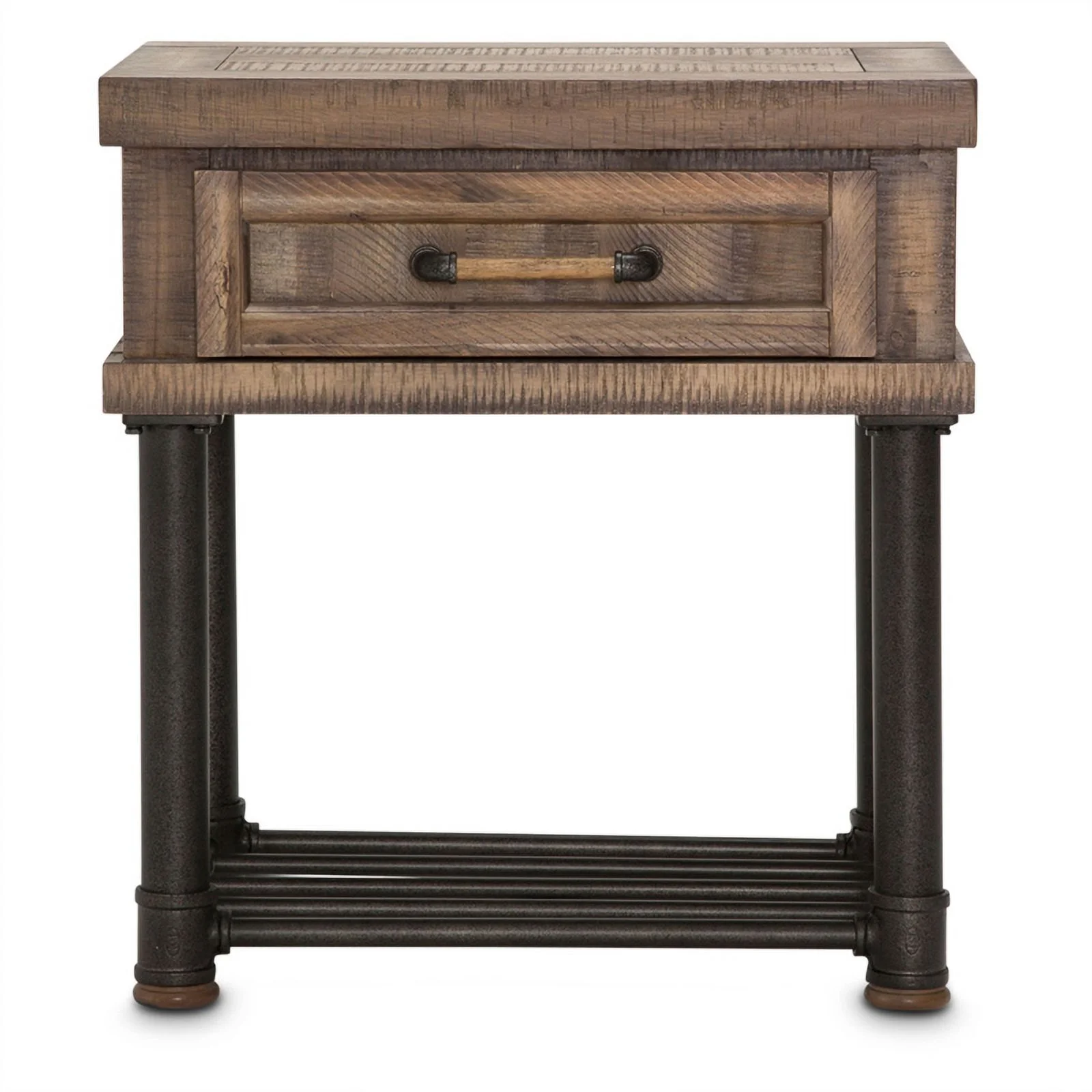 Michael Amini Crossings Wood & Metal Side Table w/ Drawer in Barn Brown