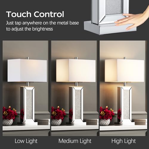 Modern Table Lamp Set of 2 Touch Control, Silver Mirror Diamond Crystal Bedside Lamp with USB C+A Ports, 3-Way Dimmable Mirrored Nightstand Lamps White Fabric Shade for Living Room Bedroom Art Decor
