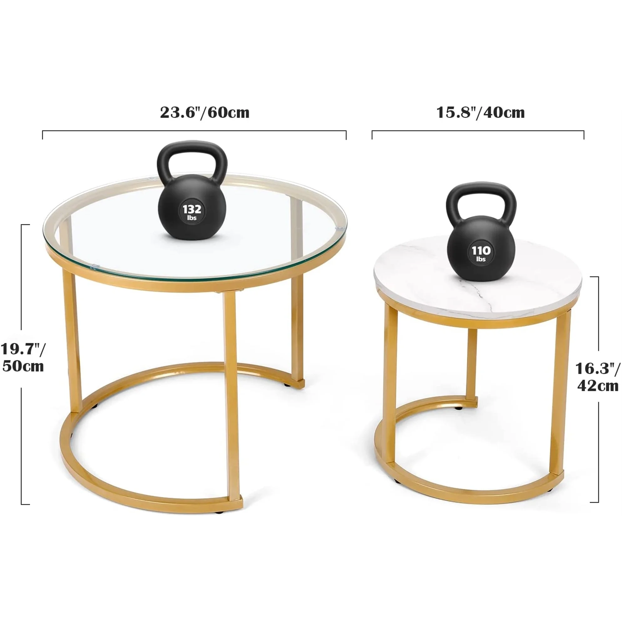 Modern Round Nesting Tables with Metal Frame (Set of 2) (White & Black)