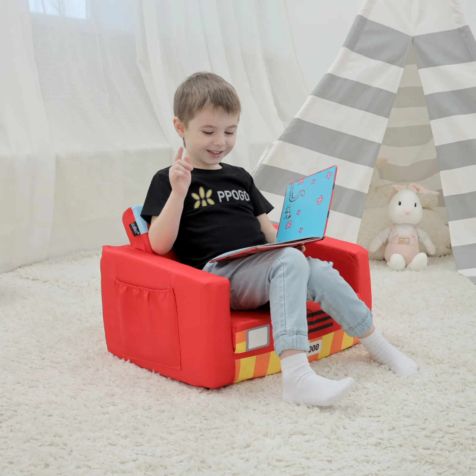 Kids Sofas Children's Sofa Bed Baby's Upholstered Couch Sleepover Chair Flipout Open Recliner(Red/Fire Truck)