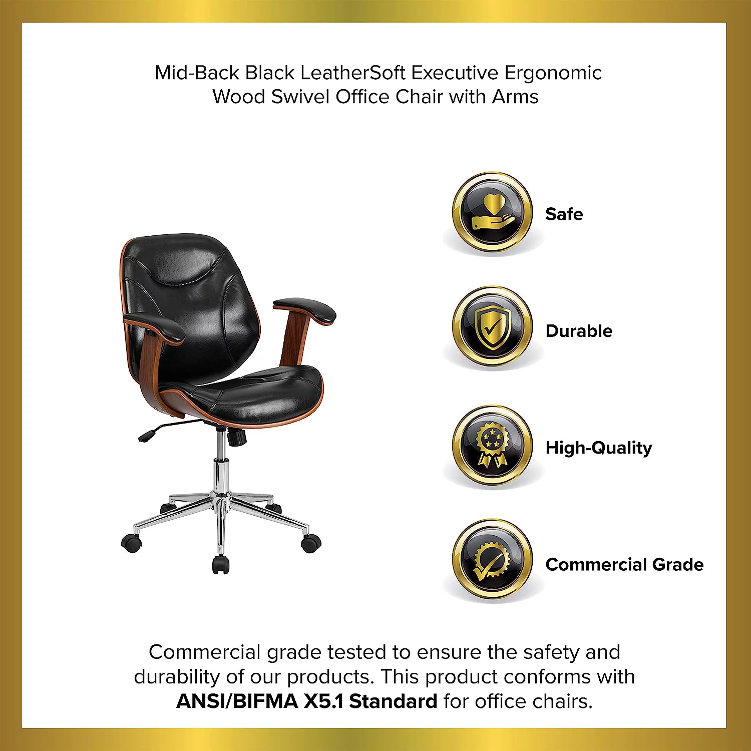 RUNFAYBIU Frederick Mid-Back Ergonomic Office Chair Executive Swivel Bentwood Frame Desk Chair in Black Faux Leather