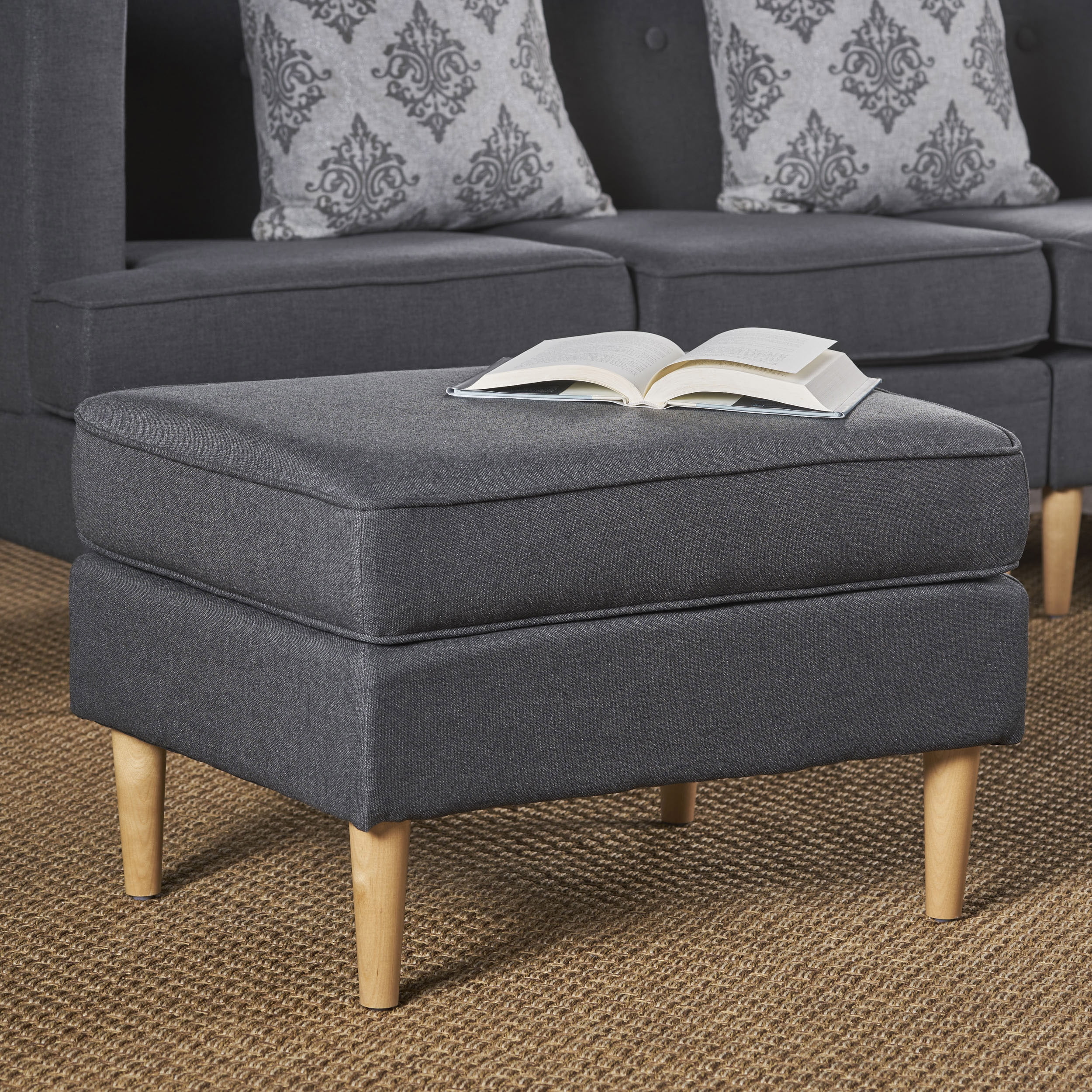 Noble House Brylee Mid Century Modern Wingback Fabric Ottoman, Dark Grey, Natural