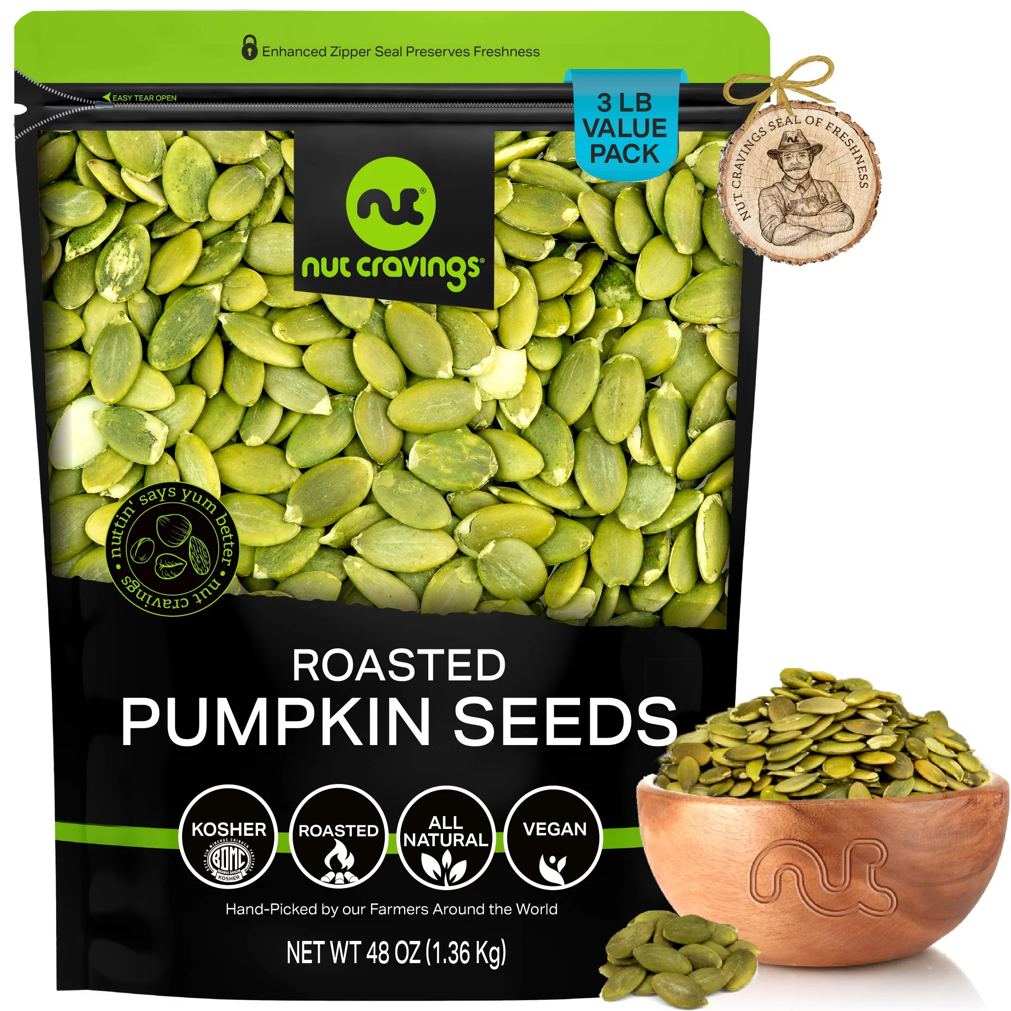 Roasted & Unsalted Pumpkin Seeds, Pepitas, No Shell (3 lbs) by Nut Cravings