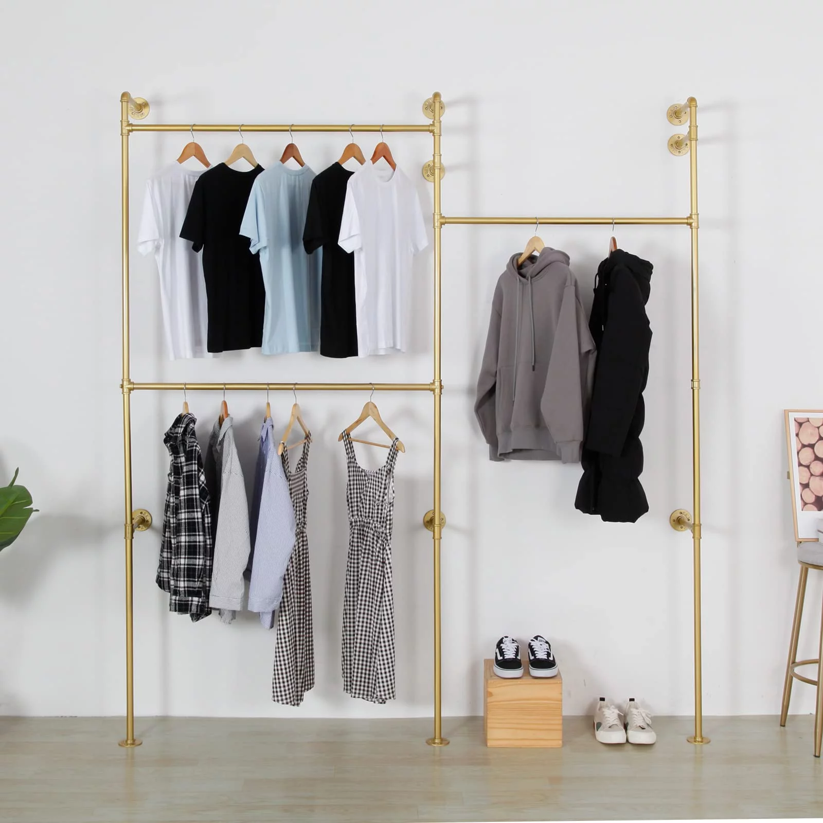 SSS Furniture Modern Simple Industrial Pipe Double Hanging Rods Clothing Rack, Clothes Rack Wall Mounted Heavy Duty Hanging Clothes Rack, Detachable Garment Bar 93.3X82.7inch (Gold)