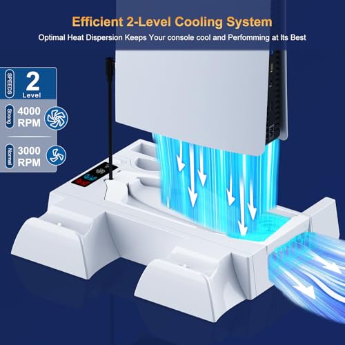 PS5/Slim Cooling Station for PS5 Disc&Digital, PS5 Cooling Stand with Dual Controller Charging for PlayStation 5 Console, Multi-Function PlayStation 5 Accessories Controller Charger with Storage Slot