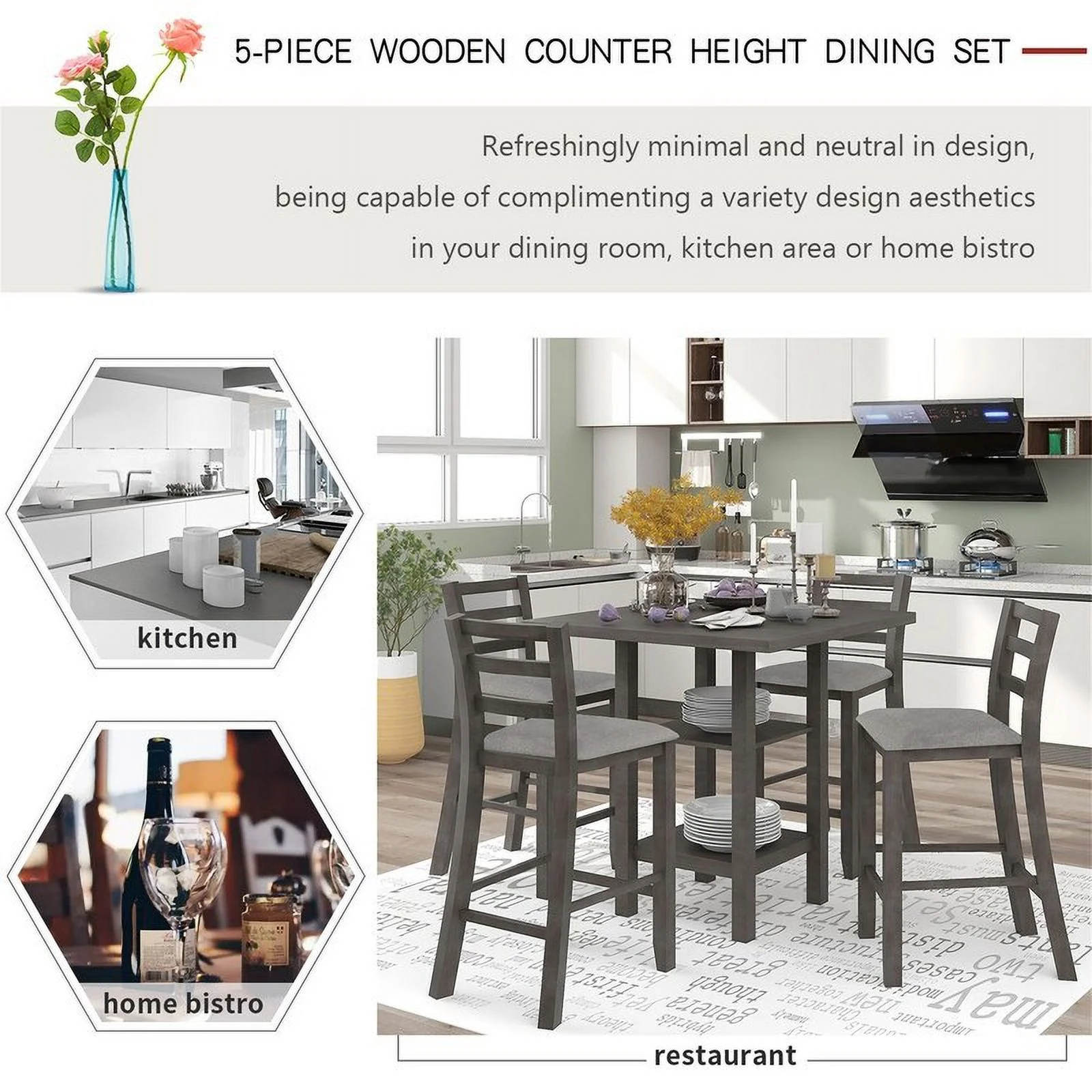 Dining table set of 4 square tables set of 4, rustic kitchen table with 4 upholstered chairs Espresso