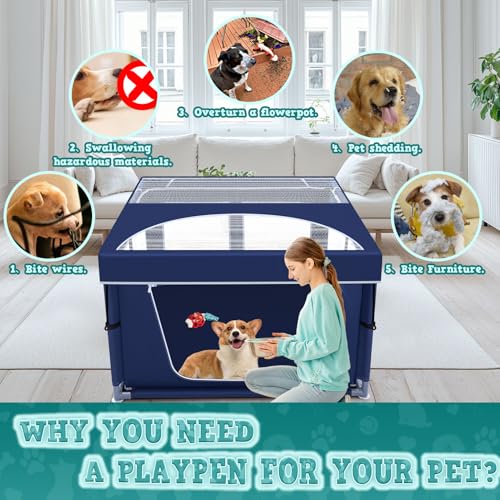 42x42x25.6 Inches Puppy Playpen with Gate, Dog Playpen for Puppies or Small Dogs, DogFence Pet Playpen for Indoor & Outdoor, Sturdy Safety DogPen with Thickened Fabric, High-Strength Nylon Wire Mesh
