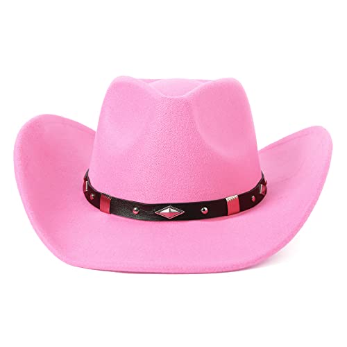 Lanzom Women Men Classic Felt Wide Brim Western Cowboy Cowgirl Hat with Belt Buckle
