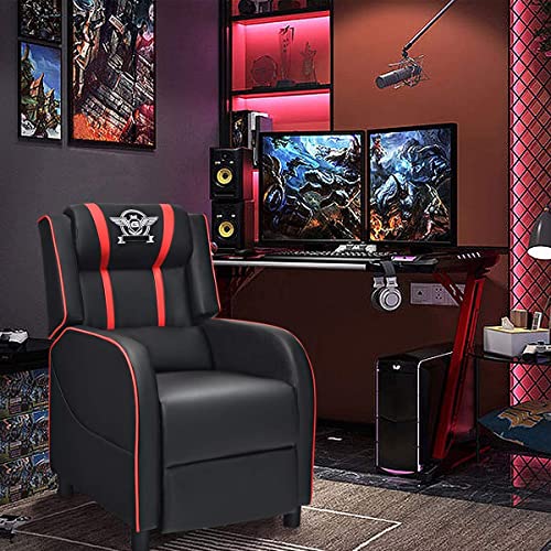 BUSHLY Adjustable Gaming Recliner Chair, Racing Style Massage Single Sofa with Headrest & Lumbar Pillow, PU Leather Video Recliner for Home, Movie Theater, Living Room, Game Room (Red)
