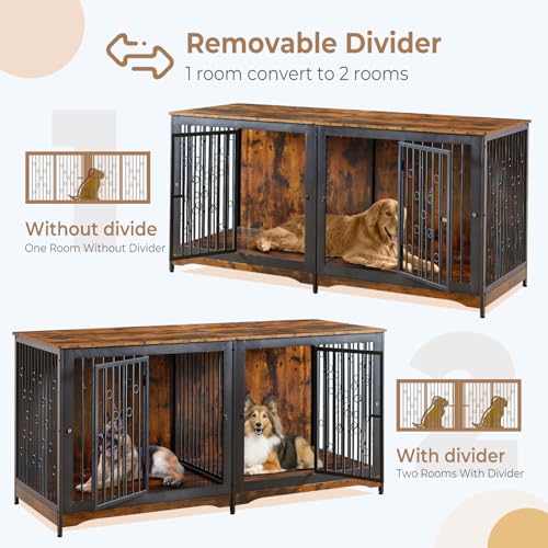 71'' Dog Crate Furniture for 2 Large Medium Dogs, XXL Wooden Indoor Double Crate Kennel Cage Large Breed with Door, TV Stand End Table with Divider, No Cushion,Brown