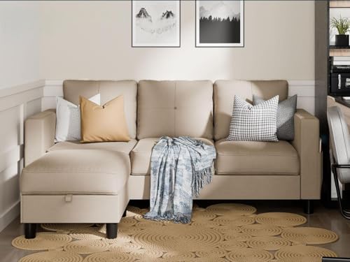 SUNLEI L Shaped Small Sectional Sofa, 3 Seat Modular Sofa with Reversible Chaise Lounge & Ottoman Storage for Small Spaces, Linen Fabric (Black)