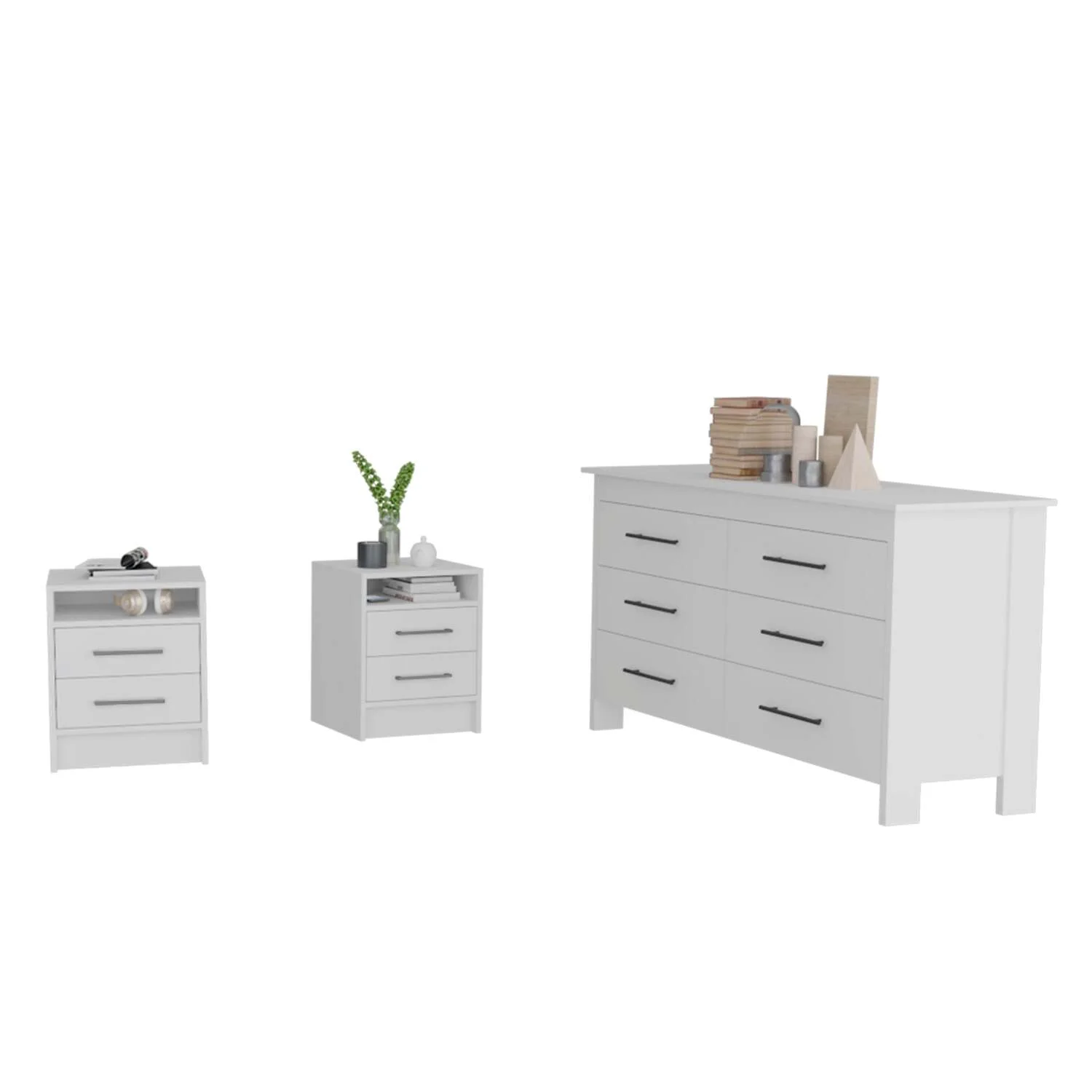 TUHOME Kearny 3-Piece Bedroom Set with Double Drawer Dresser and 2 Nightstands, White