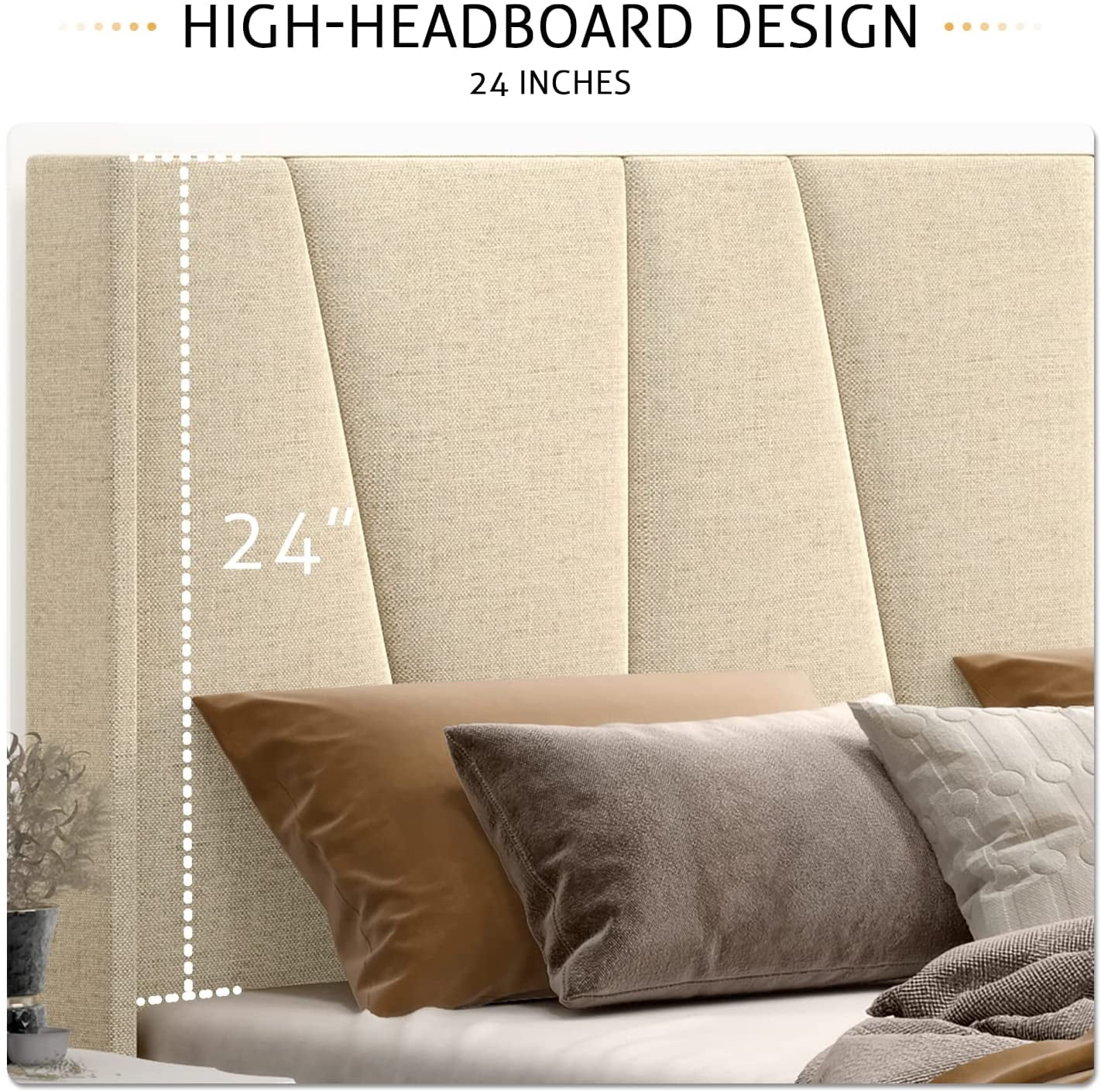 Sha Cerlin King Size Upholstered Platform Bed frame with Geometric Headboard and Wingback, Wood Slat Support, Beige