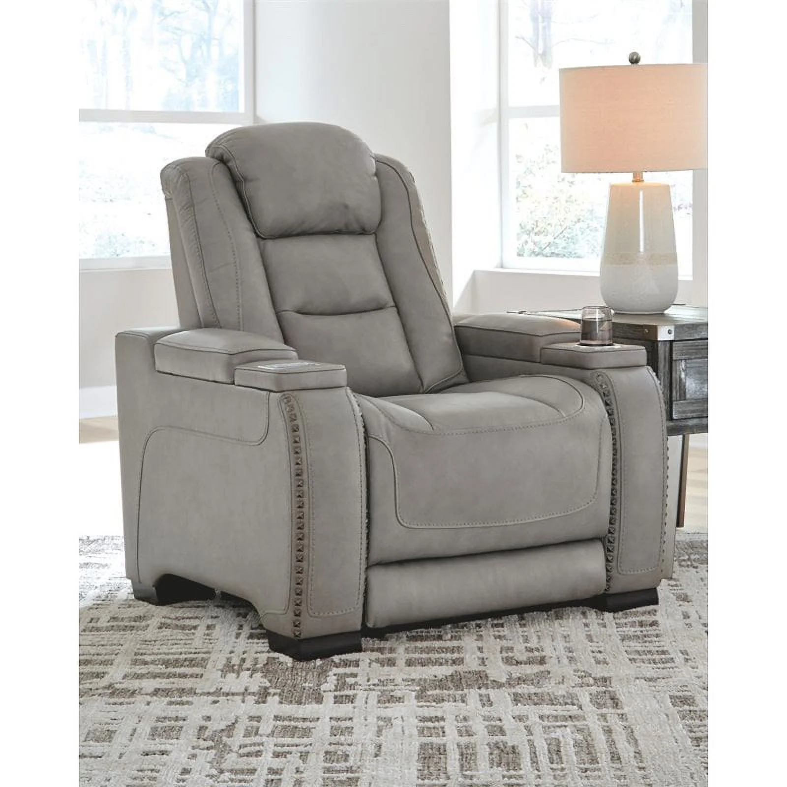 Bowery Hill Contemporary Leather Power Recliner in Gray Finish