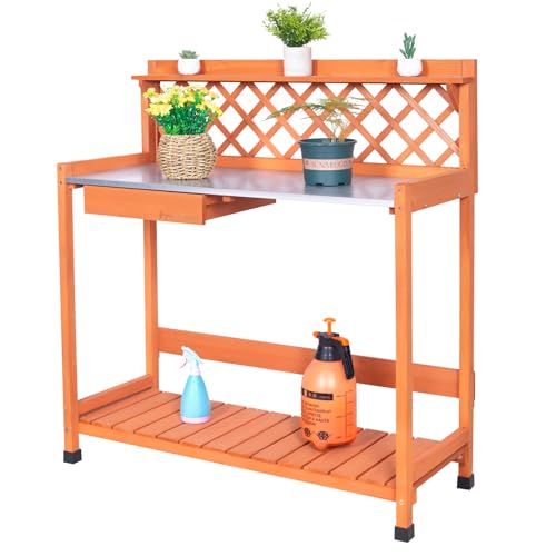 Outdoor Potting Bench & Wooden Gardening Work Station Planting Table with Metal Tabletop, Drawer, Storage, and Hooks