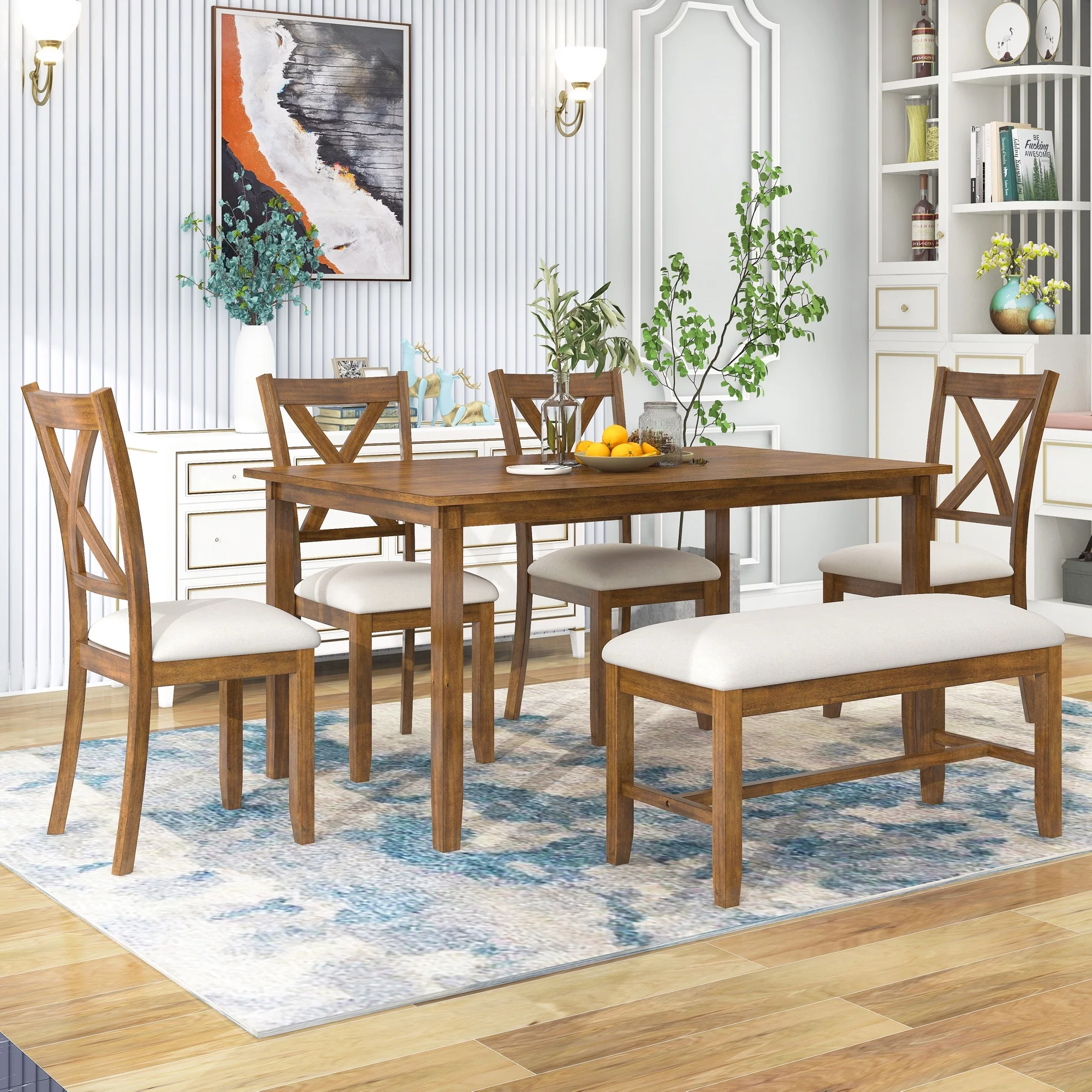 TREXM 6-Piece Kitchen Dining Table Set Wooden Rectangular Dining Table, 4 Fabric Chairs and Bench