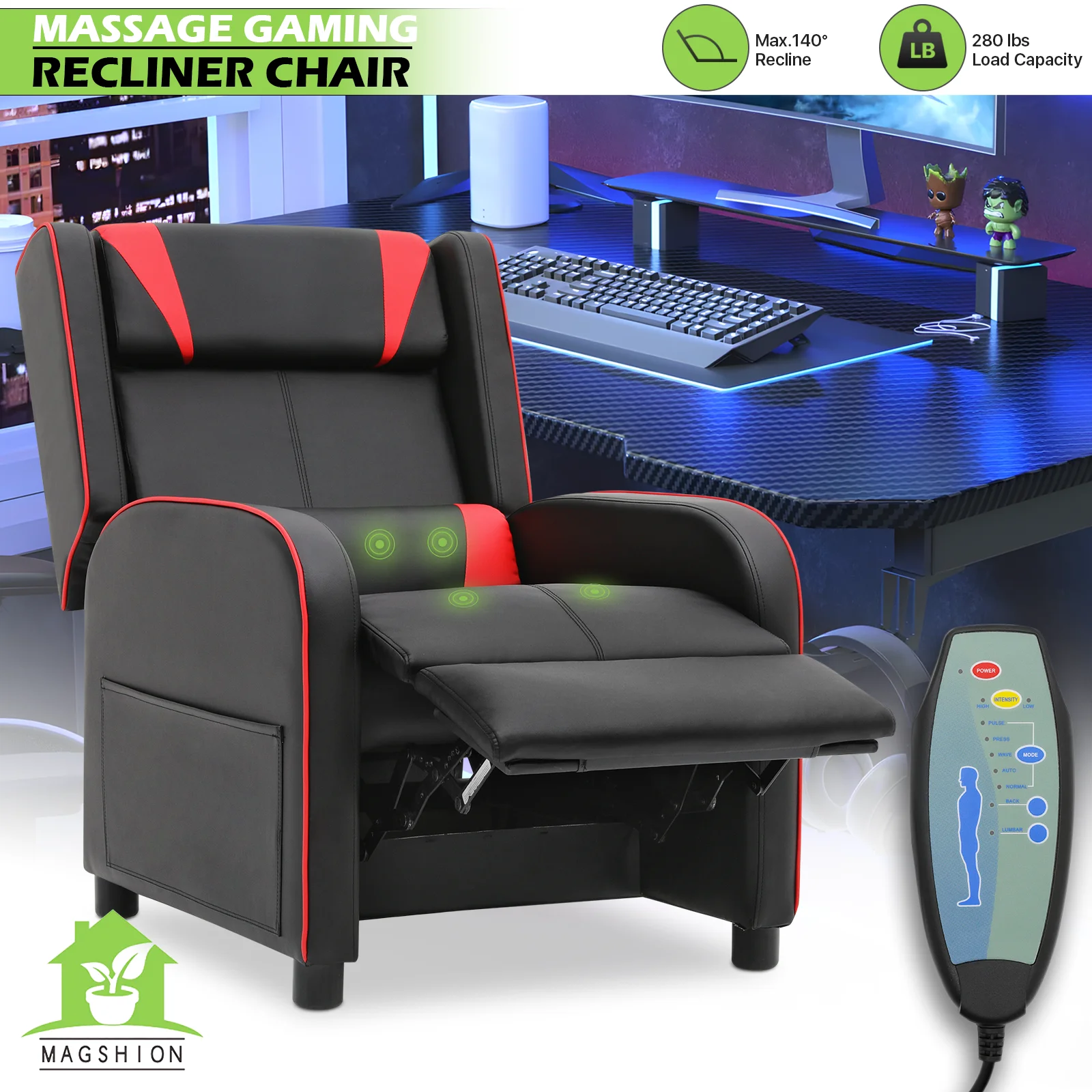 Magshion Gaming Massage Recliner Chair, Racing Style Game Lounge Chair with Footrest, Remote Control and Side Pocket, PU Leather Home Theater Seating, Red