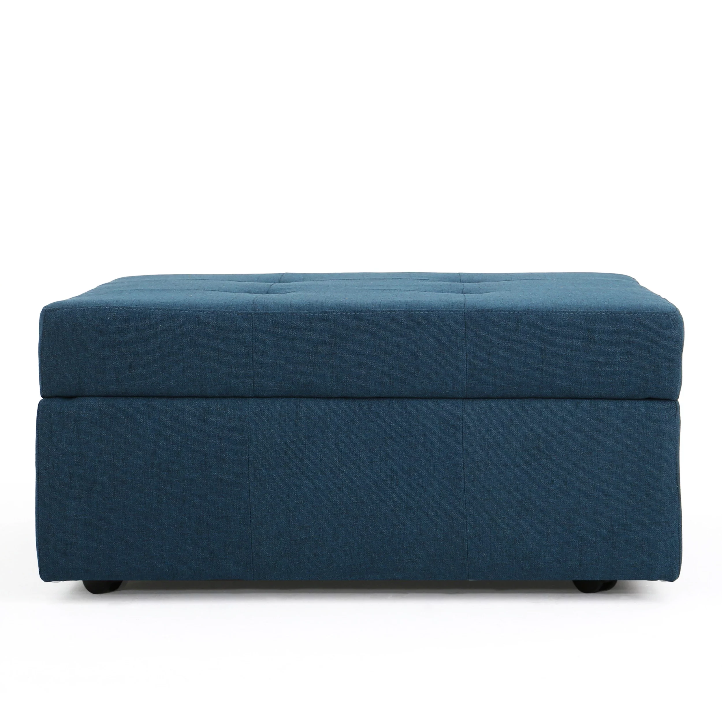 Channing Contemporary Tufted Fabric Storage Ottoman with Rolling Casters, Navy Blue
