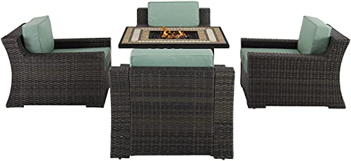 Crosley Furniture Beaufort Beaufort 5-Piece Wicker Outdoor Chair Patio Furniture Set with Propane Gas Fire Pit Table, Brown with Mist Cushions