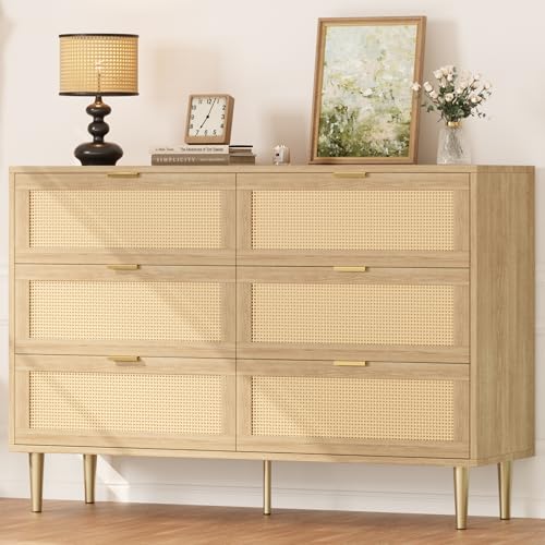 IDEALHOUSE Rattan 5 Drawer Dresser, 44''Tall Narrow Chest of Drawer, Farmhouse Wooden Vertical Dresser with Metal Legs and Handles, Modern Cabinet for Bedroom, Living Room, Oak