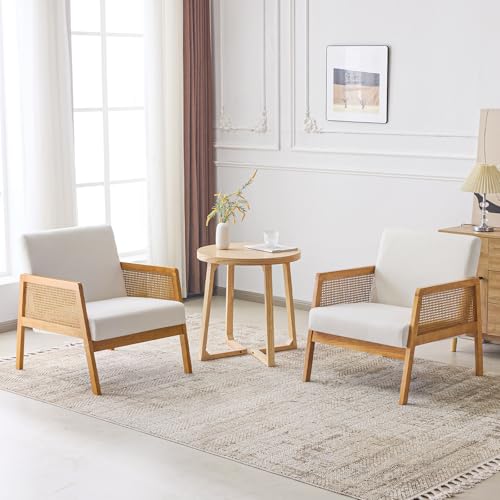 Linen Fabric Accent Chair for Living Room Set of 2, Rattan Webbing Reading Chair with Sturdy Wood Frame, Upholstered Lounge Armchairs for Bedroom, Indoor & Outdoor, Patio Furniture, Beige
