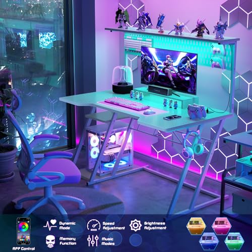 Armocity Gaming Computer Desk with Shelves and Outlets, Gaming Desk with Hutch and LED Lights, Reversible PC Gaming Desks with Pegboard, Carbon Fiber Black 47''