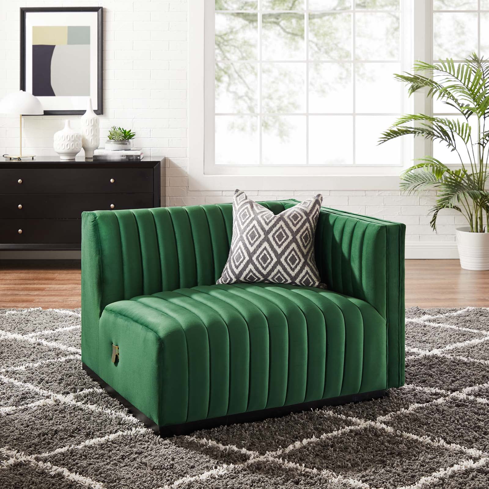 Modway Conjure Channel Tufted Performance Velvet Right-Arm Chair in Black Emerald