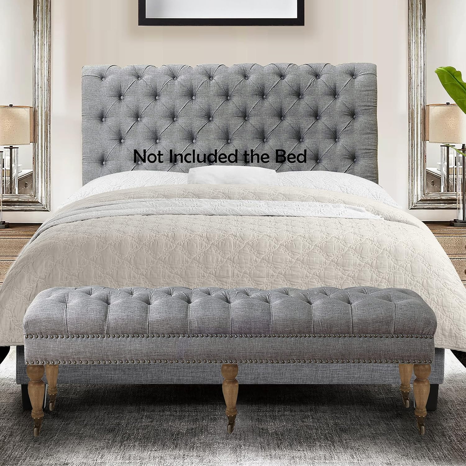 WANHUI Berta Upholstered Polyester Tufted Top with Nailhead Rectangular Bench for Living Room Footrest Bedroom Entryway, Large, Ash