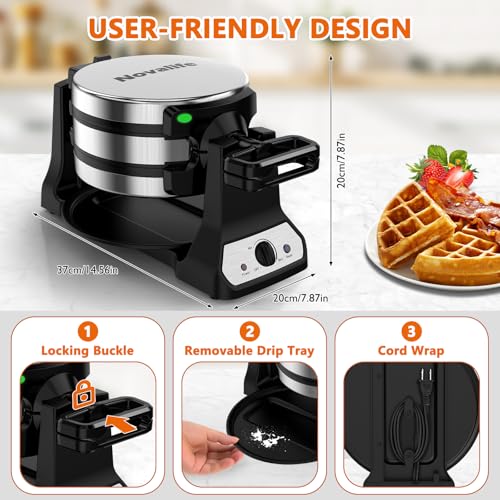 Waffle Maker, 1400W Belgian Waffle Maker, Double Waffle Iron 180° Flip, Rotating Nonstick Plates, Adjustable Browning Control, Locking Buckle & Cool Touch Handle, Removable Drip Tray, Stainless Steel