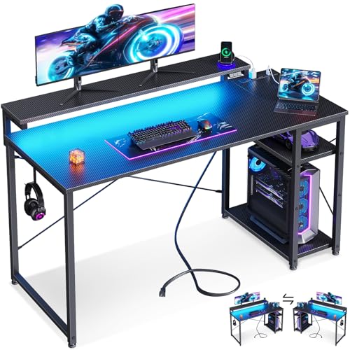 MOTPK Gaming Desk with Led Lights & Power Outlet, 40 Inch Small Gaming Computer Desk with Shelves, Reversible Gamer Desk with Adjustable Monitor Stand & Headphone Hook, Carbon Fiber Texture Pink
